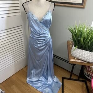 Vintage Dusk Dress Womens 8 Blue Silk Strappy Beaded Ruched Satin Gown Y2K Glam